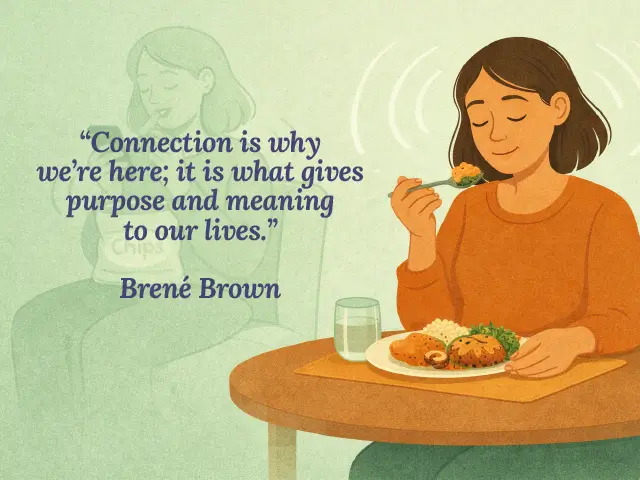Flat-style digital illustration of a young woman practicing mindful eating, sitting calmly at a table with a balanced meal, evoking presence and body connection.