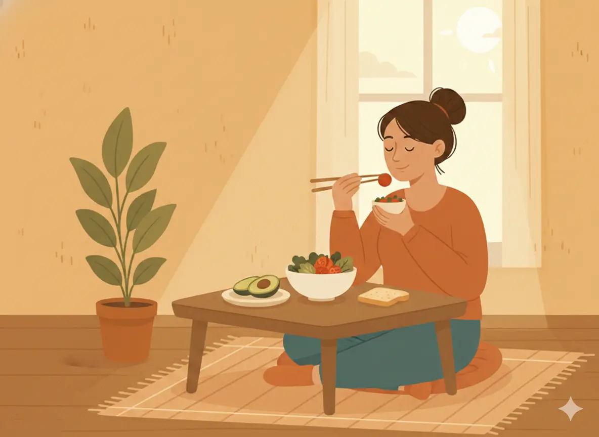 Woman practicing mindful eating with compassion, savoring a healthy meal in a peaceful home setting.