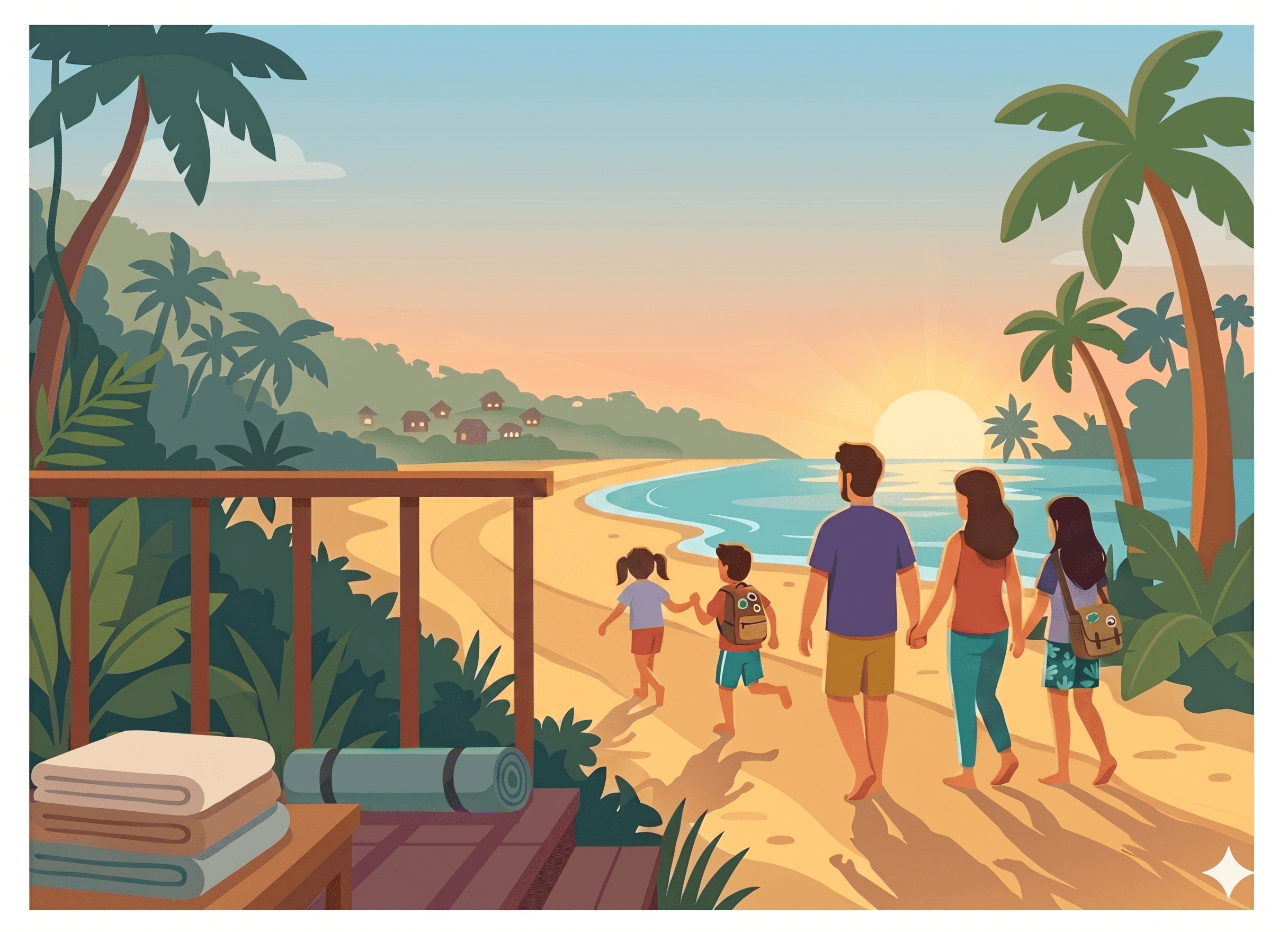 A color vector-style drawing of a family of five walking along a sandy beach path on a tropical coastline towards a sunset over the ocean from an elevated viewpoint on a wooden balcony overlooking the scene.