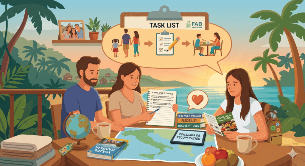 A color illustrative image of a family, a father, a mother, and their teenage son, sitting at an outdoor wooden table on a balcony overlooking a tropical beach landscape with palm trees.