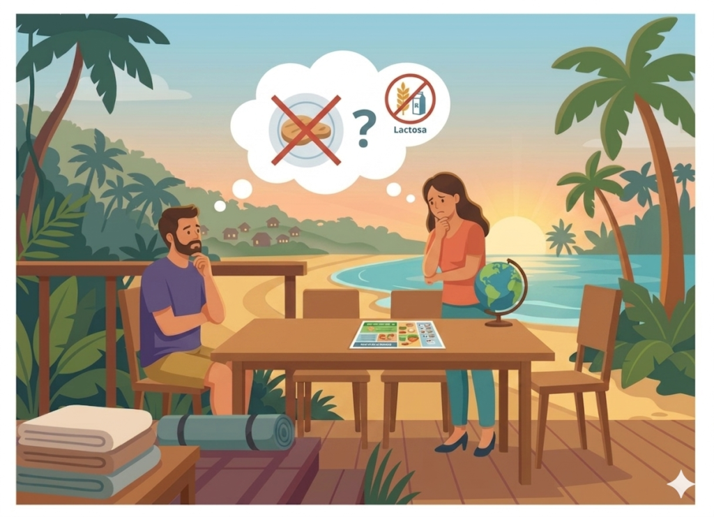 A color illustrative image shows a couple, a man and a woman, seated and standing at an outdoor wooden table on a wooden porch or terrace overlooking a tropical beach and ocean, with a sunset or sunrise on the horizon. The illustration has a flat, vector design style.