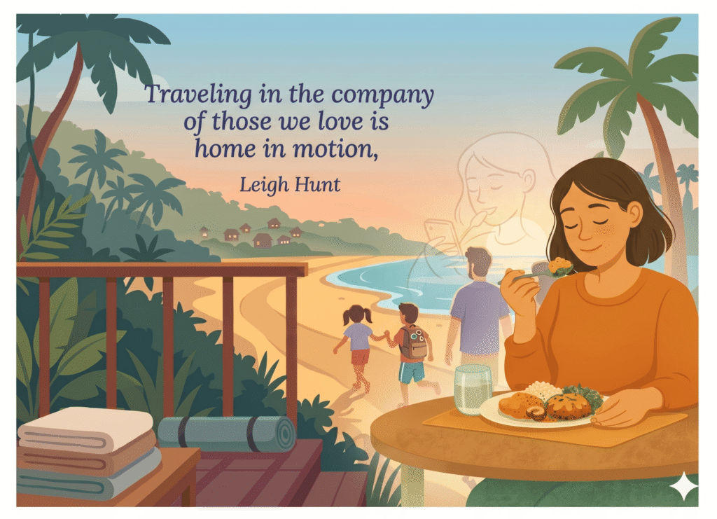 A full-color vector illustration shows a young woman eating at an outdoor wooden table on a balcony overlooking a tropical beach landscape with palm trees and several huts in the distance, with the sun rising or setting on the horizon.